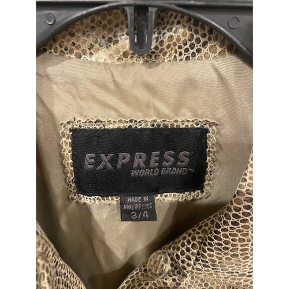 Express Jacket Womens 3/4 Tan Snake Print Faux Leather Belted Coated Trench Coat - Picture 2 of 5